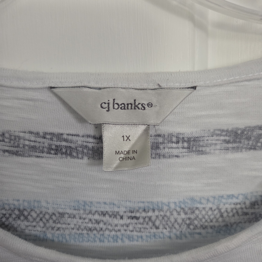 CJ Banks White Tee with Blue & Black Horizontal Stripes 1X cotton - Picture 3 of 4